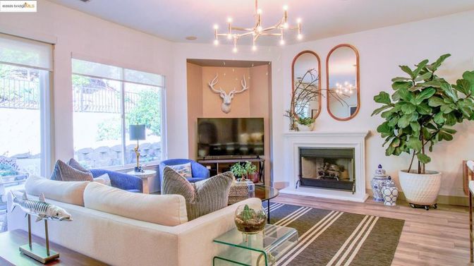 Fireplace, Interior, Living room, Pendant Lights, Wood Texture Flooring
