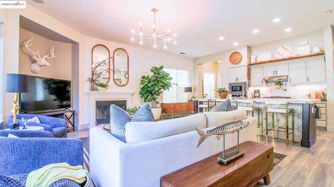 Fireplace, Interior, Kitchen, Living room, Pendant Lights, Recessed Lighting, Stainless Steel Appliances, Wood Texture Flooring