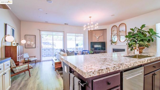 Fireplace, Interior, Kitchen, Living room, Pendant Lights, Recessed Lighting, Wood Texture Flooring