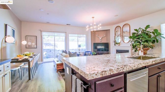 Dining room, Fireplace, Interior, Kitchen, Living room, Pendant Lights, Recessed Lighting, Wood Texture Flooring