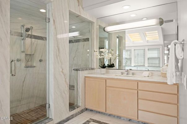 Bathroom, Dual Sink Vanities, Glass Shower, Interior, Marble Walls, Recessed Lighting