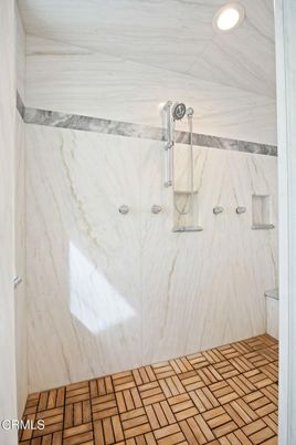 Bathroom, Glass Shower, Interior, Marble Walls, Recessed Lighting