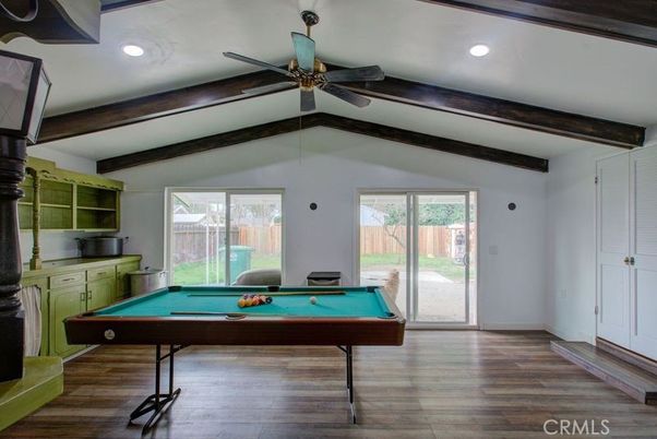 Billiard Table, Game Room, Interior, Recessed Lighting, Wooden Beams, Wood Texture Flooring