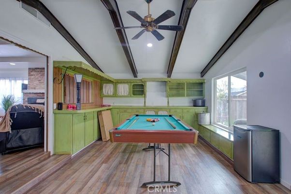 Billiard Table, Fireplace, Game Room, Interior, Recessed Lighting, Stone Walls, Wooden Beams, Wood Texture Flooring