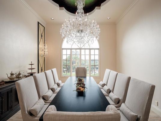 Chandelier, Dining room, Interior, Recessed Lighting, Wood Texture Flooring