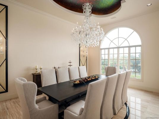 Chandelier, Dining room, Interior, Recessed Lighting, Wood Texture Flooring