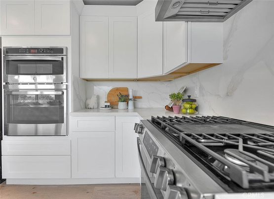 Interior, Kitchen, Marble Walls, Stainless Steel Appliances, Wood Texture Flooring