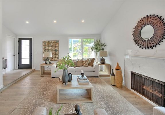 Fireplace, Interior, Living room, Recessed Lighting, Wood Texture Flooring