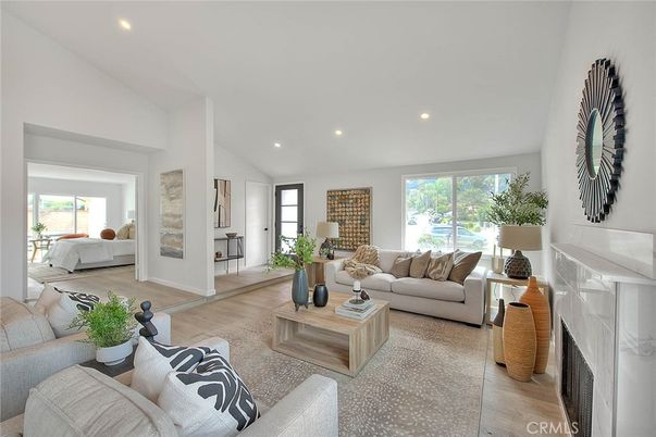 Fireplace, Interior, Living room, Recessed Lighting, Wood Texture Flooring