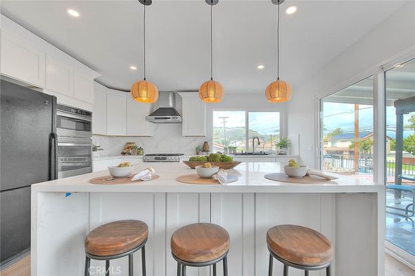 Interior, Kitchen, Pendant Lights, Recessed Lighting, Stainless Steel Appliances, Water, Wood Texture Flooring