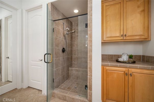 Bathroom, Glass Shower, Interior, Recessed Lighting, Tile Countertops