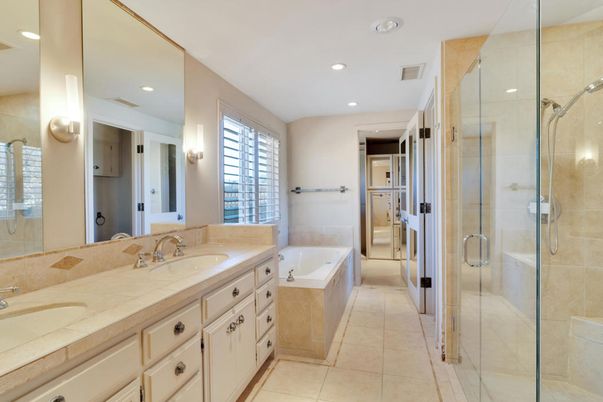 Bathroom, Dual Sink Vanities, Glass Shower, Interior, Recessed Lighting, Tile Countertops
