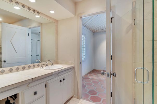 Bathroom, Glass Shower, Interior, Recessed Lighting, Tile Countertops