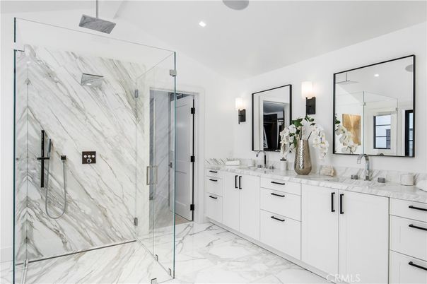Bathroom, Dual Sink Vanities, Glass Shower, Interior, Marble, Marble Walls, Recessed Lighting