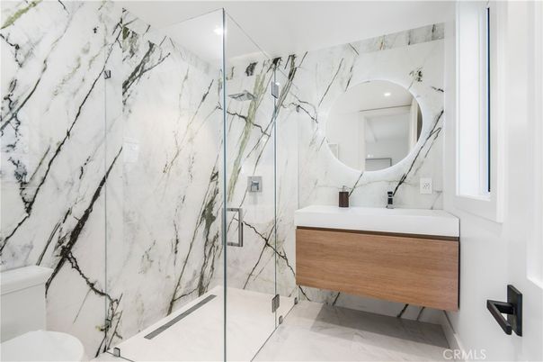 Bathroom, Glass Shower, Interior, Marble Walls, Recessed Lighting