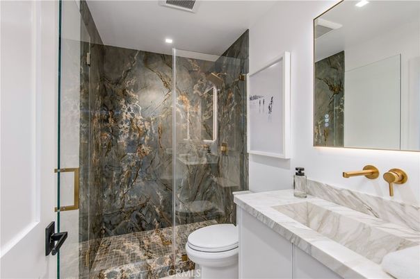 Bathroom, Glass Shower, Interior, Marble Walls, Recessed Lighting
