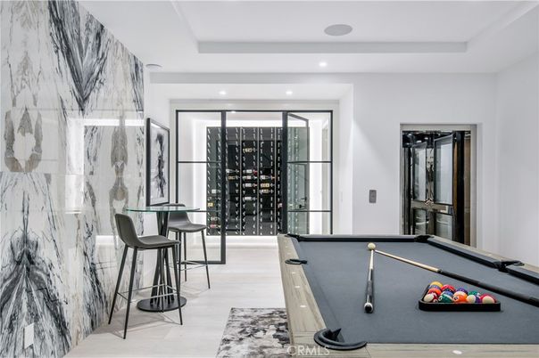 Billiard Table, Game Room, Interior, Recessed Lighting, Wine Storage, Wood Texture Flooring