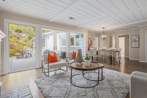 Dining room, Interior, Living room, Pendant Lights, Wood Texture Flooring