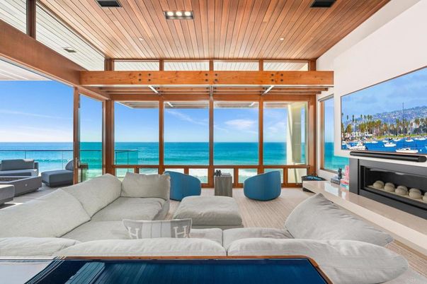 Fireplace, Interior, Living room, Recessed Lighting, Water, Wooden Ceilings