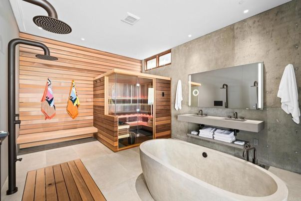 Bathroom, Free Standing Baths, Glass Shower, Interior, Recessed Lighting, Sauna Room