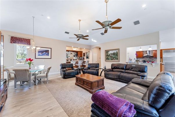 Dining room, Interior, Kitchen, Living room, Pendant Lights, Recessed Lighting, Stainless Steel Appliances, Wood Texture Flooring
