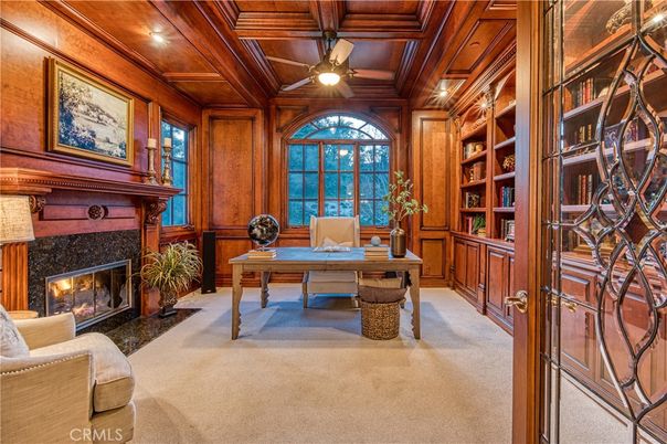 Fireplace, Home Office, Interior, Recessed Lighting, Wooden Beams, Wooden Ceilings, Wooden Walls