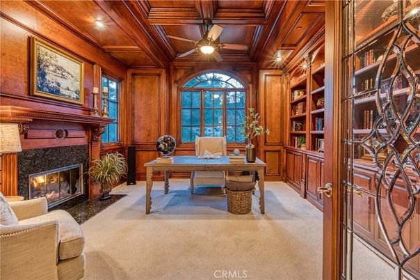 Fireplace, Home Office, Interior, Recessed Lighting, Wooden Beams, Wooden Ceilings, Wooden Walls