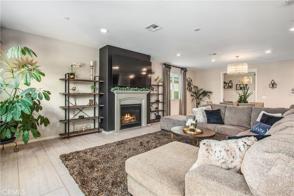 Chandelier, Dining room, Fireplace, Interior, Living room, Recessed Lighting
