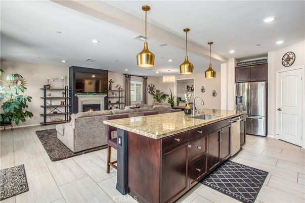 Fireplace, Interior, Kitchen, Living room, Pendant Lights, Recessed Lighting, Stainless Steel Appliances