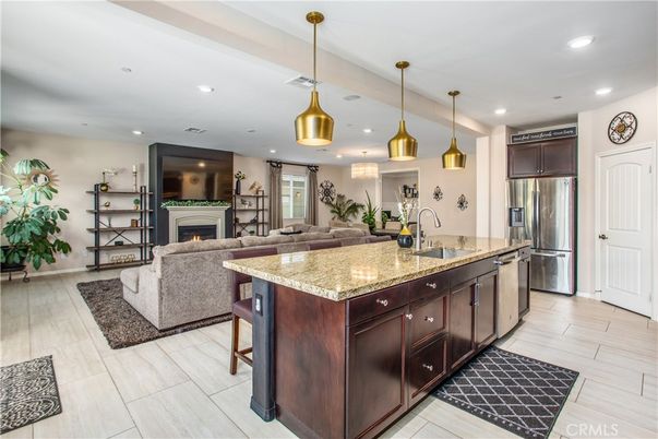 Fireplace, Interior, Kitchen, Living room, Pendant Lights, Recessed Lighting, Stainless Steel Appliances