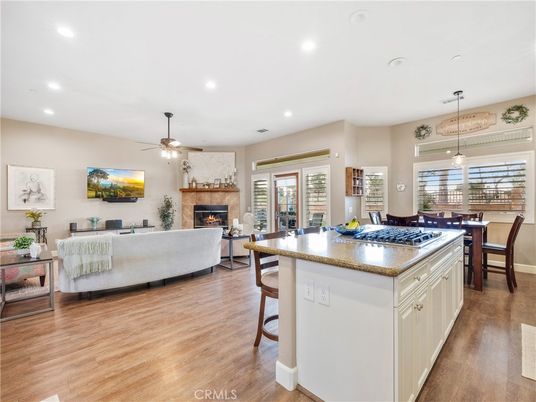Dining room, Fireplace, Interior, Kitchen, Living room, Pendant Lights, Recessed Lighting, Wood Texture Flooring