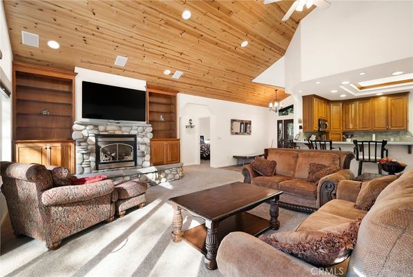 Dining room, Fireplace, Interior, Kitchen, Living room, Pendant Lights, Recessed Lighting, Wooden Ceilings