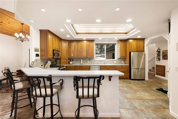 Chandelier, Interior, Kitchen, Recessed Lighting, Stainless Steel Appliances, Wooden Ceilings
