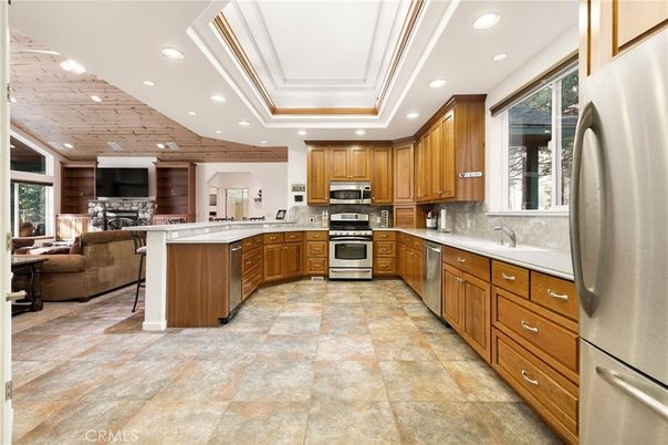 Interior, Kitchen, Living room, Recessed Lighting, Stainless Steel Appliances, Wooden Ceilings