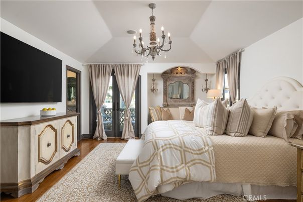 Bedroom, Chandelier, Interior, Wood Texture Flooring