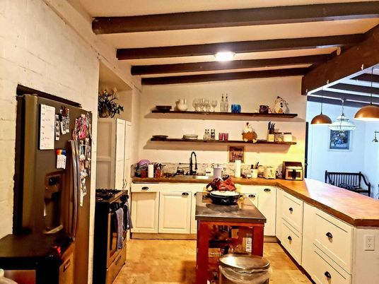 Interior, Kitchen, Pendant Lights, Stone Walls, Wooden Beams