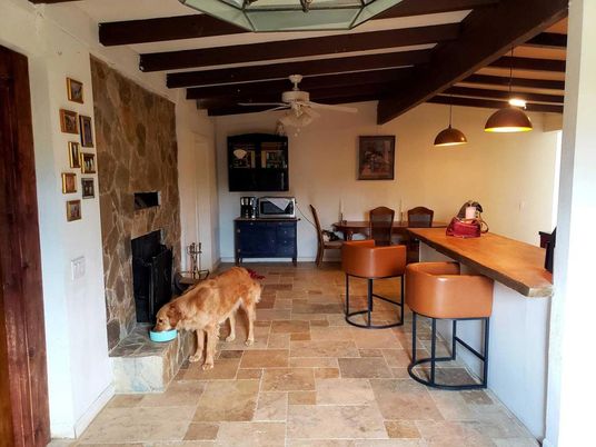 Dining room, Fireplace, Interior, Pendant Lights, Wooden Beams