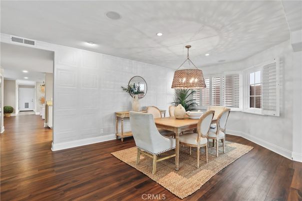 Dining room, Interior, Pendant Lights, Recessed Lighting, Wood Texture Flooring