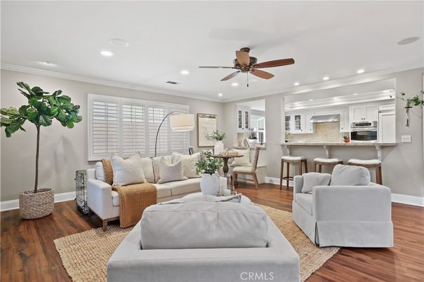 Dining room, Interior, Kitchen, Living room, Recessed Lighting, Stainless Steel Appliances, Wood Texture Flooring