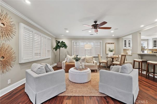 Dining room, Interior, Living room, Recessed Lighting, Wood Texture Flooring