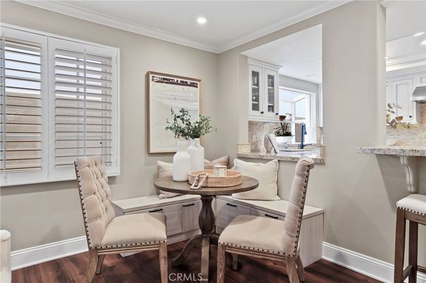 Dining room, Interior, Recessed Lighting, Wood Texture Flooring