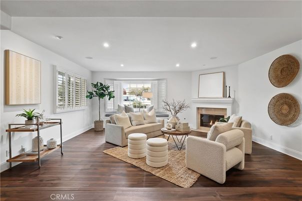 Fireplace, Interior, Living room, Recessed Lighting, Wood Texture Flooring