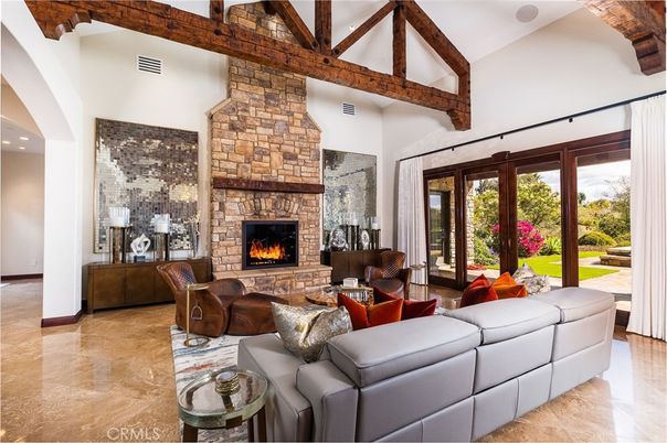 Fireplace, Interior, Living room, Recessed Lighting, Stone Walls, Wooden Beams
