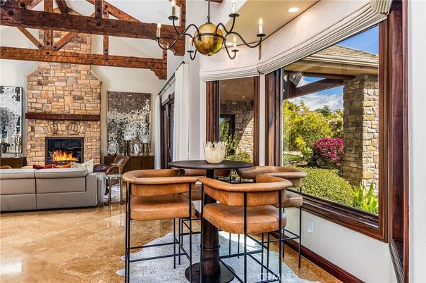 Fireplace, Interior, Living room, Pendant Lights, Recessed Lighting, Stone Walls, Wooden Beams