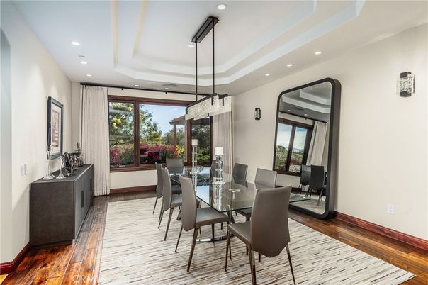 Dining room, Interior, Pendant Lights, Recessed Lighting, Wood Texture Flooring