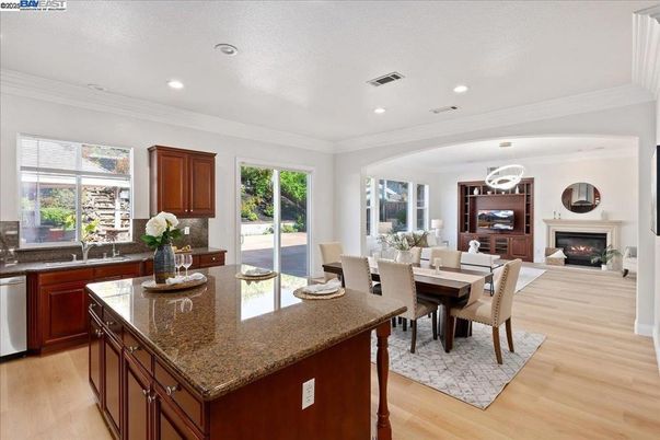 Dining room, Fireplace, Interior, Kitchen, Living room, Recessed Lighting, Wood Texture Flooring