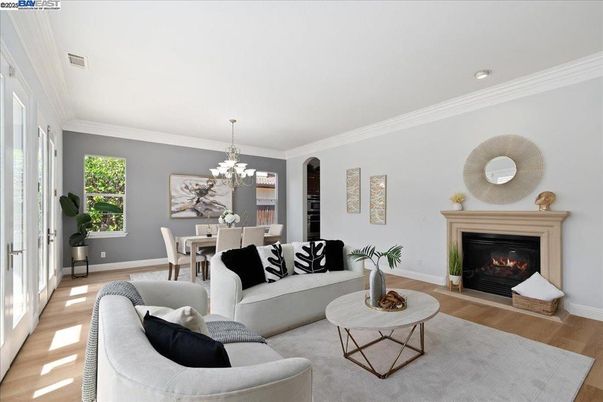 Chandelier, Dining room, Fireplace, Interior, Living room, Wood Texture Flooring