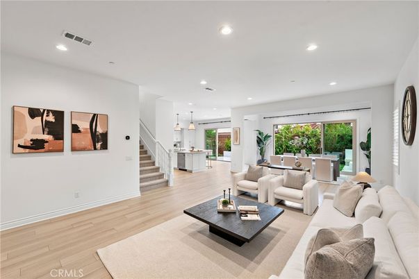 Dining room, Interior, Living room, Pendant Lights, Recessed Lighting, Wood Texture Flooring