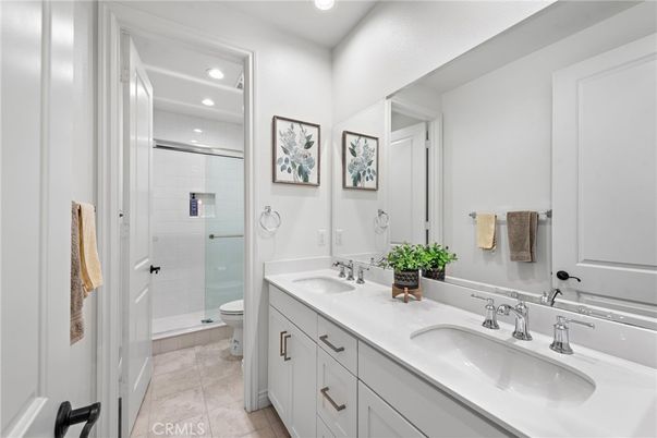 Bathroom, Dual Sink Vanities, Glass Shower, Interior, Recessed Lighting