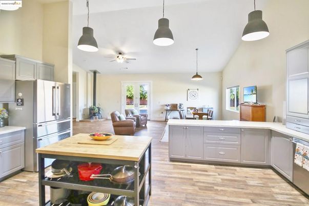 Dining room, Interior, Kitchen, Living room, Pendant Lights, Wood Texture Flooring